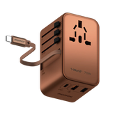 1-World+ 3-Port Travel GaN Charger With Built-in USB-C Cable 70W