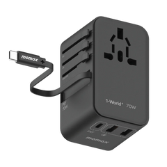 1-World+ 3-Port Travel GaN Charger With Built-in USB-C Cable 70W