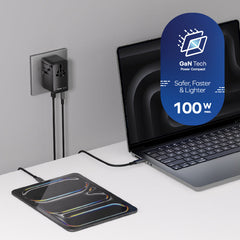 1-World²⁺ 4-Port Mini Universal Travel GaN Charger with Built-In Retractable Cable 100W with Dual AC