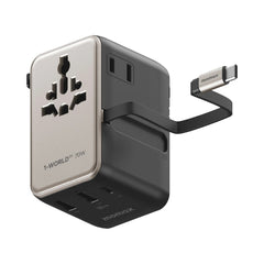 1-World 70W 3-Port Dual AC Travel Adapter with Built-In Retractable Cable
