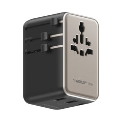 1-World 70W 3-Port Dual AC Travel Adapter with Built-In Retractable Cable