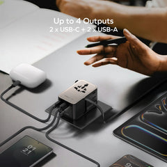1-World 70W 3-Port Dual AC Travel Adapter with Built-In Retractable Cable