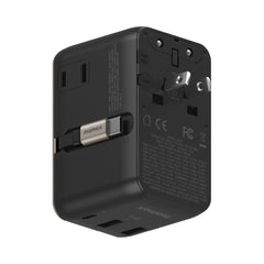 1-World 70W 3-Port Dual AC Travel Adapter with Built-In Retractable Cable