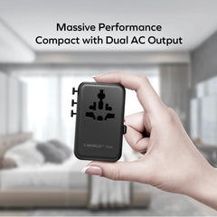 1-World 70W 3-Port Dual AC Travel Adapter with Built-In Retractable Cable