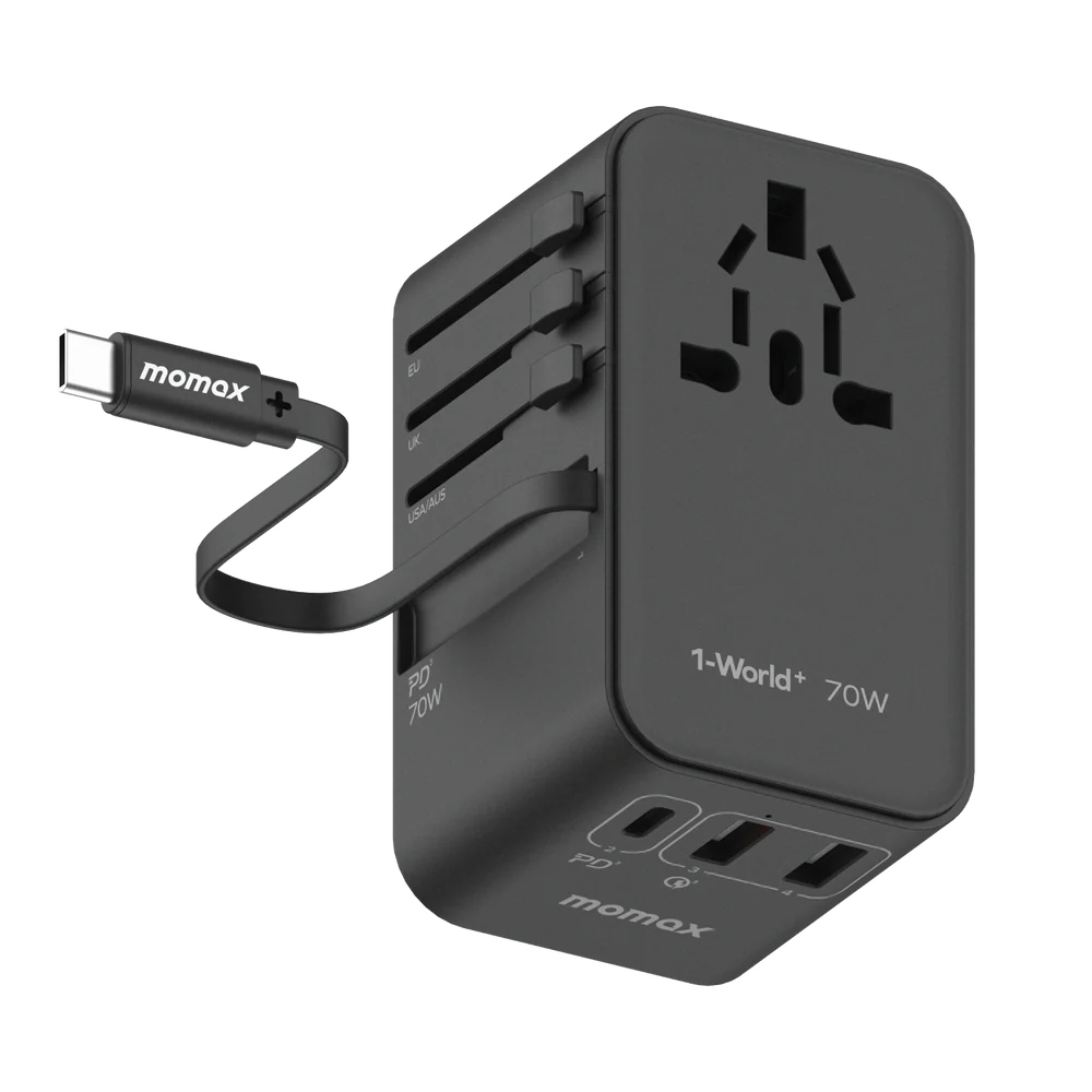 1-World+ 3 連接埠旅行 GaN 充電器，內建 USB-C 線纜，70W