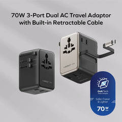 1-World 70W 3-Port Dual AC Travel Adapter with Built-In Retractable Cable