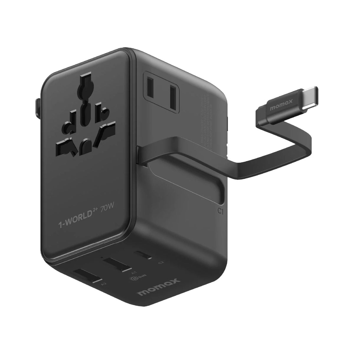 1-World 70W 3-Port Dual AC Travel Adapter with Built-In Retractable Cable